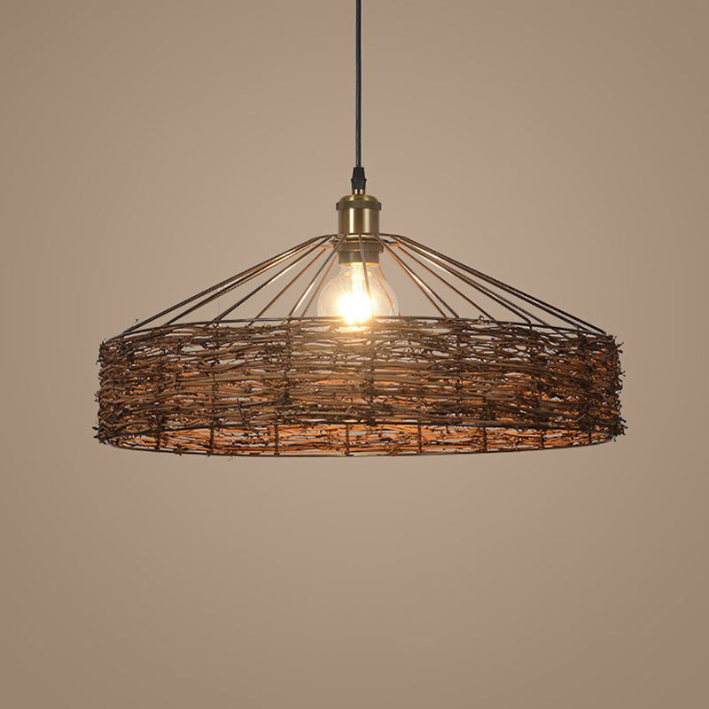 Country Style Rattan Barn Hanging Light Pendant for Dining Room - Brown Finish, 1 Bulb