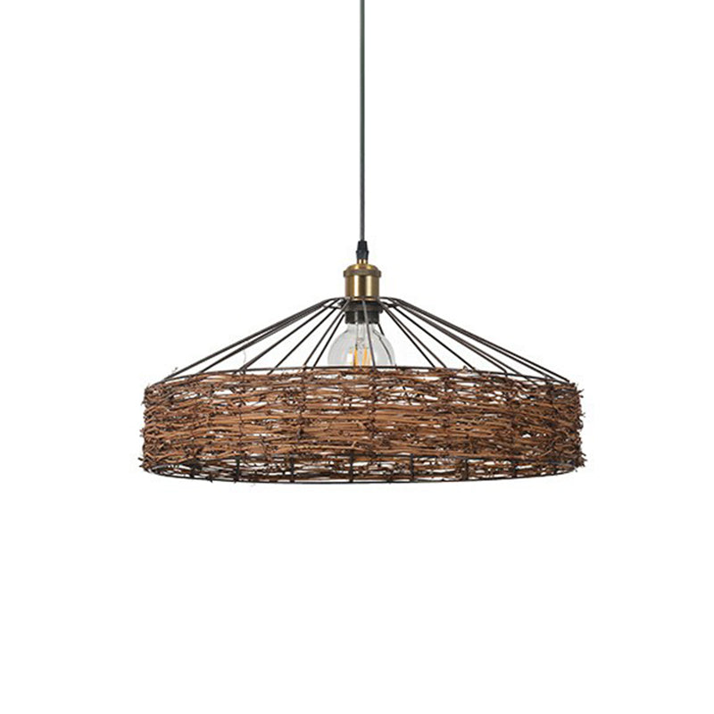 Country Style Hanging Rattan Barn Pendant Light - Brown 1 Bulb Ideal For Dining Room