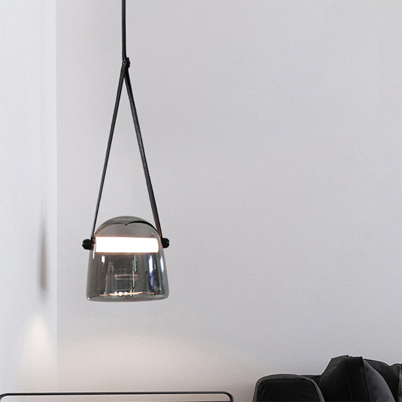Lampe à pendule en verre gris fumé - Lampe à suspension nordique à une ampoule avec bracelet en cuir réglable