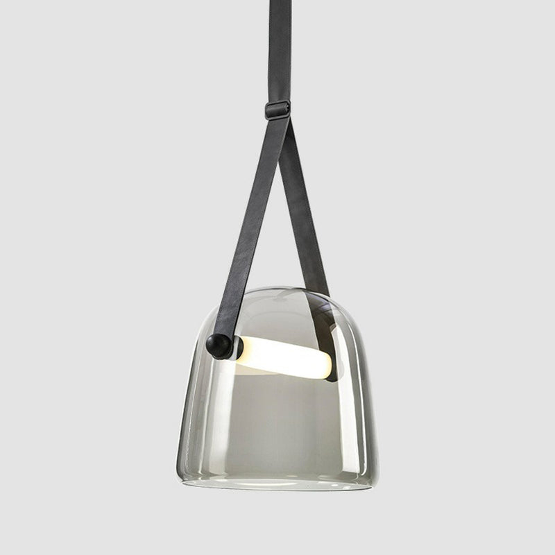 Lampe à pendule en verre gris fumé - Lampe à suspension nordique à une ampoule avec bracelet en cuir réglable