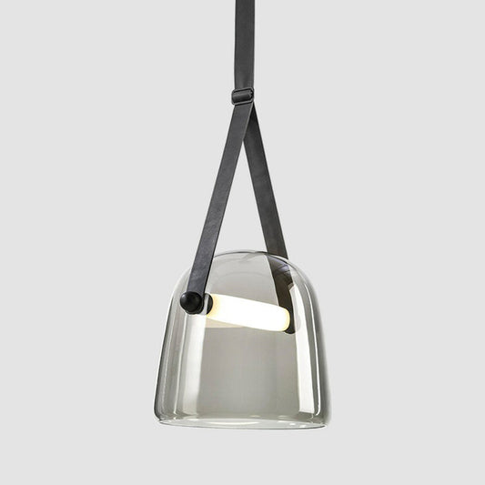 Smoke Grey Glass Pendulum Light - Nordic Single-Bulb Pendant with Adjustable Leather Strap