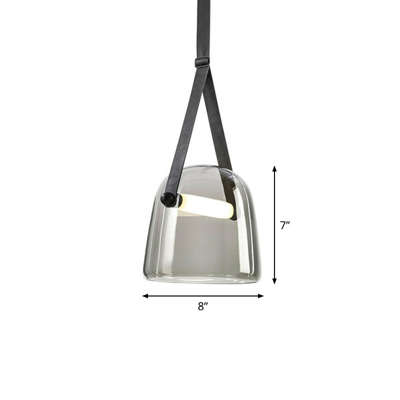 Lampe à pendule en verre gris fumé - Lampe à suspension nordique à une ampoule avec bracelet en cuir réglable