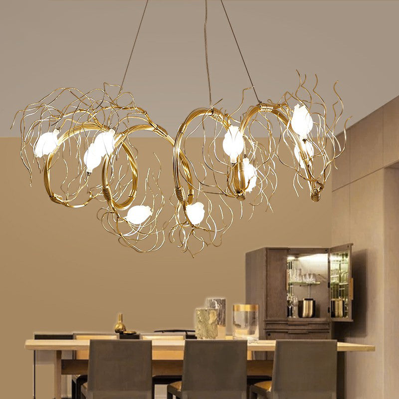 Nordic 8-Light Chandelier with Gold Branch and Glass Rose Pendant for Dining Room
