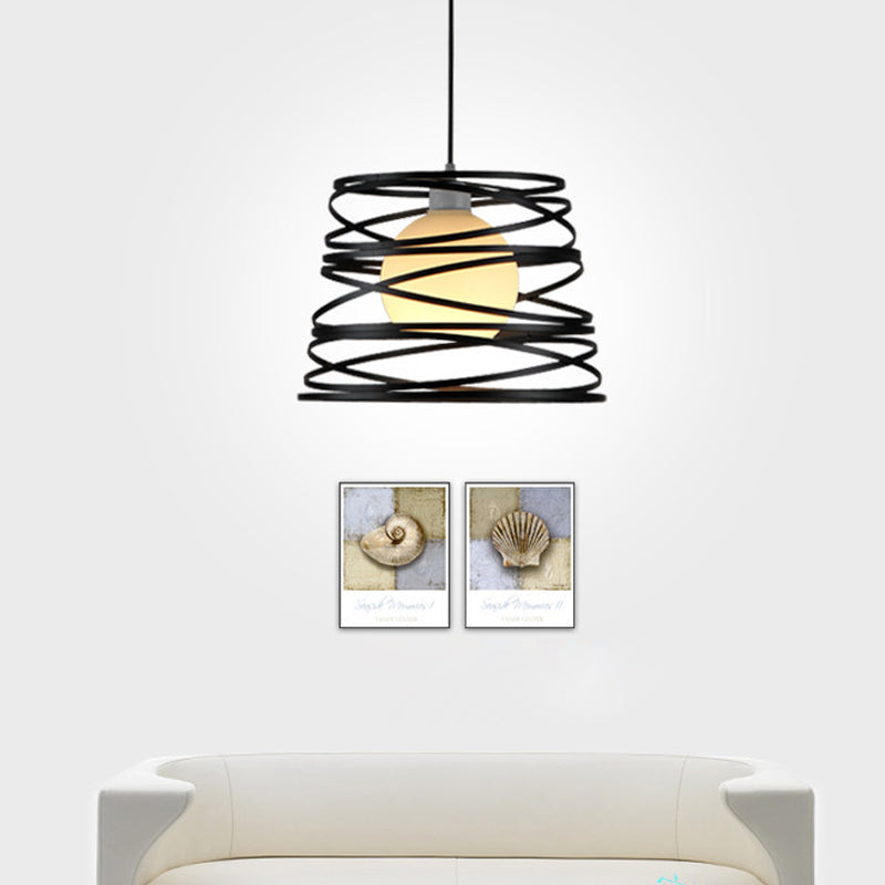 Suspension en verre blanc bombé - Suspension de style loft avec grille de protection noire