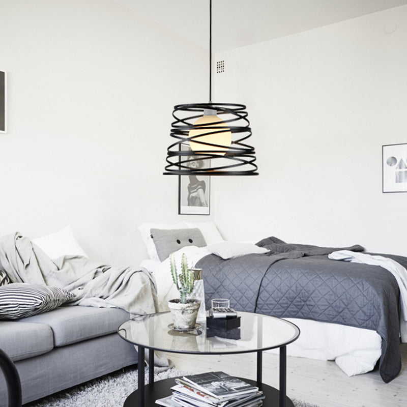 Suspension en verre blanc bombé - Suspension de style loft avec grille de protection noire