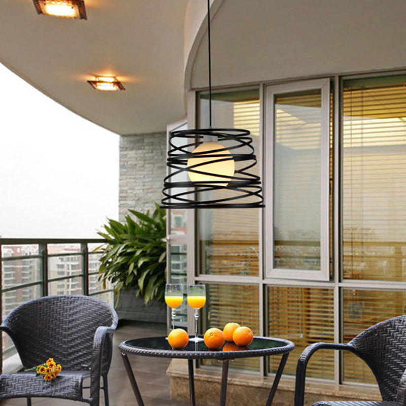 Suspension en verre blanc bombé - Suspension de style loft avec grille de protection noire