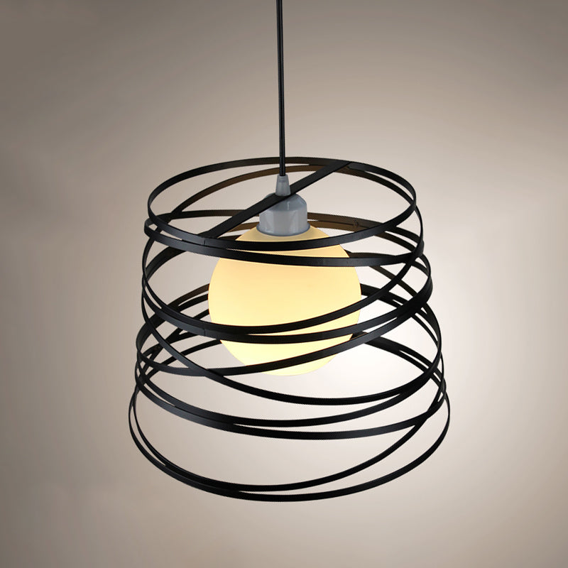 Suspension en verre blanc bombé - Suspension de style loft avec grille de protection noire