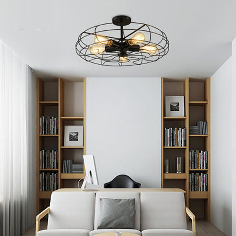 Lampe à suspension industrielle noire à 5 têtes pour chambre à coucher - Lustre rond en fil de fer