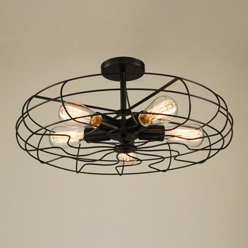 Lampe à suspension industrielle noire à 5 têtes pour chambre à coucher - Lustre rond en fil de fer