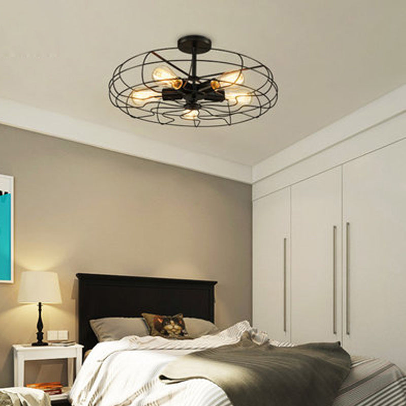 Lampe à suspension industrielle noire à 5 têtes pour chambre à coucher - Lustre rond en fil de fer