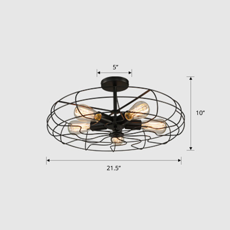 Lampe à suspension industrielle noire à 5 têtes pour chambre à coucher - Lustre rond en fil de fer