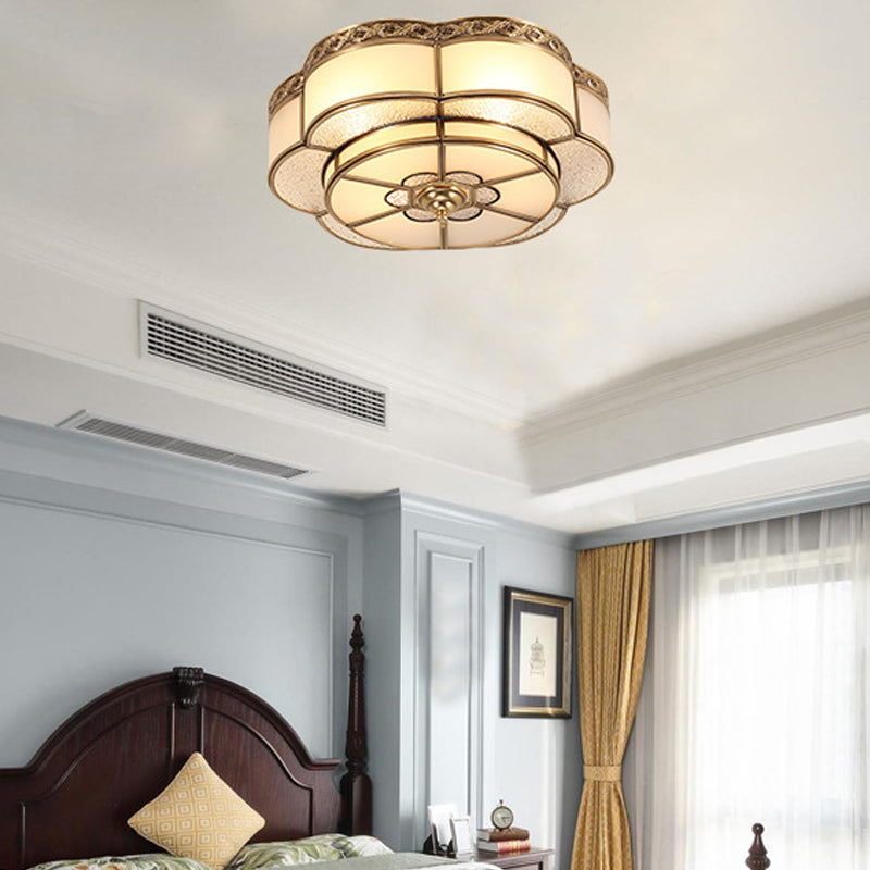 Vintage Opal Glass Floral Ceiling Light – Brass Flush Mount Fixture for Bedroom