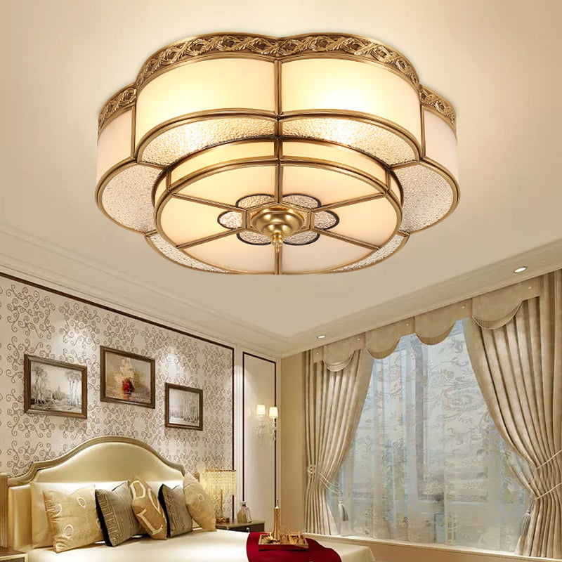 Vintage Opal Glass Floral Ceiling Light – Brass Flush Mount Fixture for Bedroom
