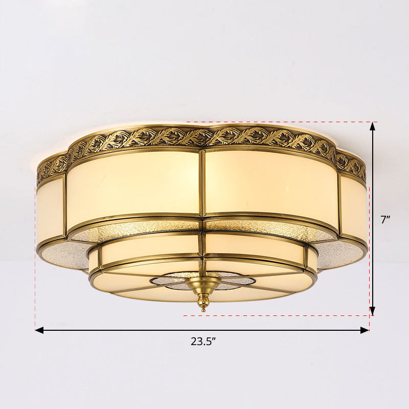 Vintage Opal Glass Floral Ceiling Light – Brass Flush Mount Fixture for Bedroom