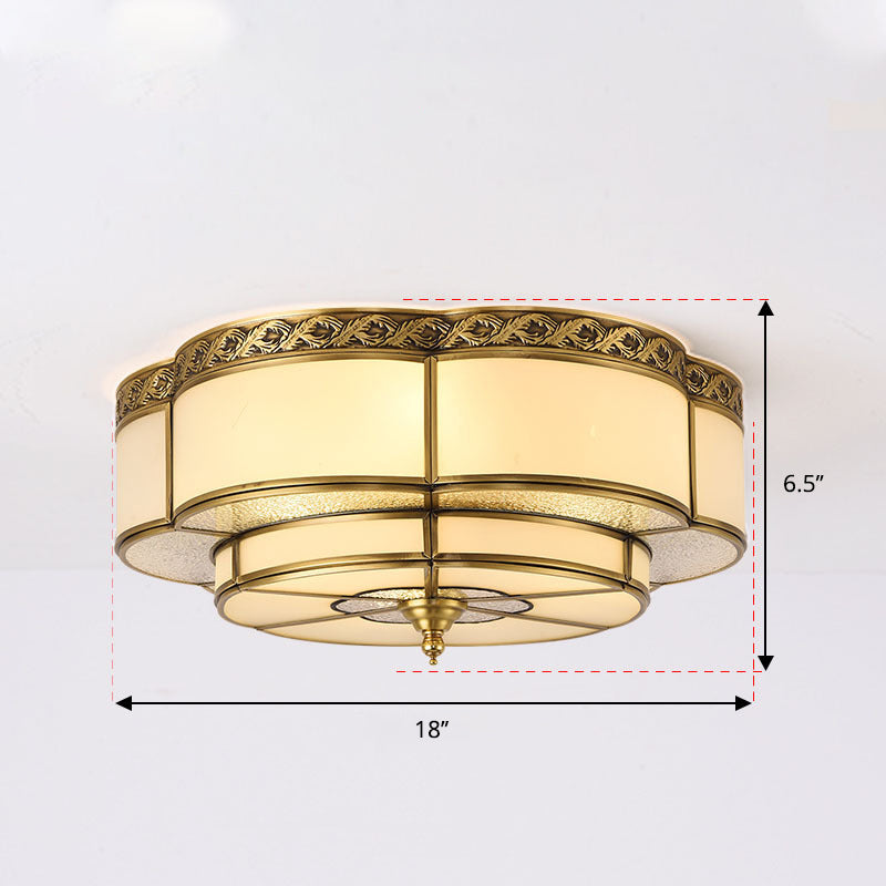 Vintage Opal Glass Floral Ceiling Light – Brass Flush Mount Fixture for Bedroom