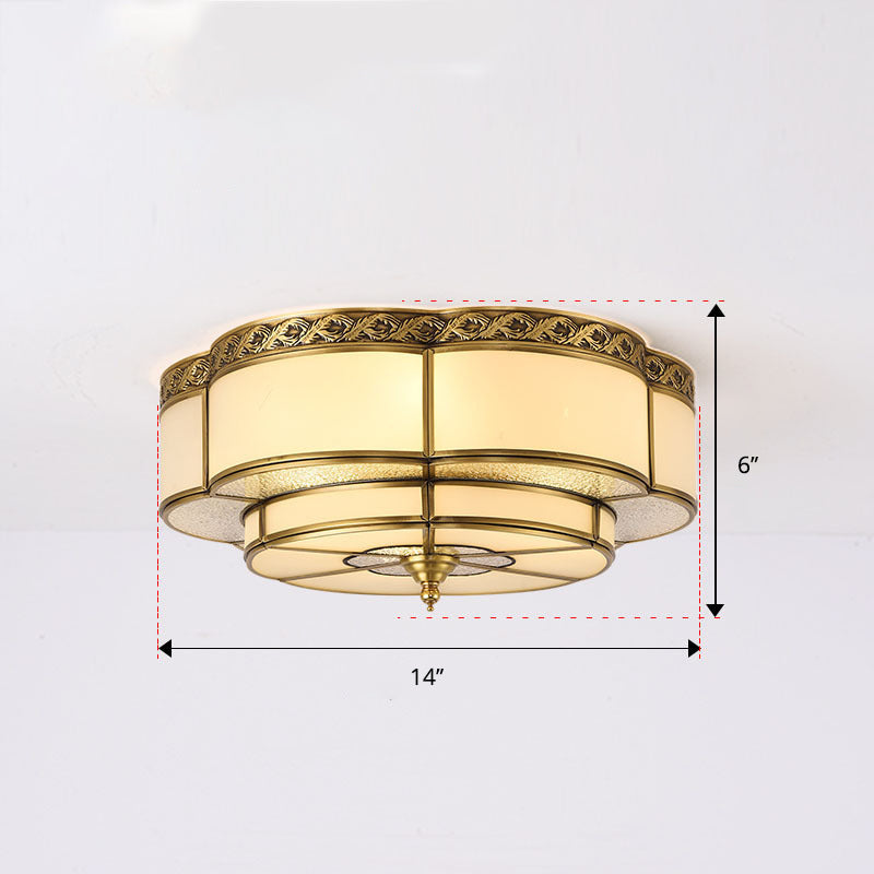 Vintage Opal Glass Floral Ceiling Light – Brass Flush Mount Fixture for Bedroom