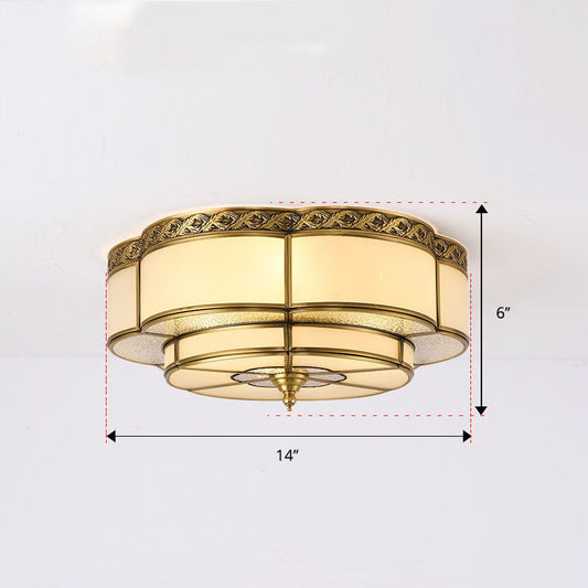 Vintage Opal Glass Floral Ceiling Light – Brass Flush Mount Fixture for Bedroom