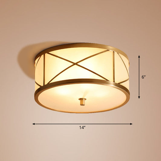Modern Opal Glass Ceiling Mounted Flushmount with Brass X Brace Fixture - Simplicity Drum Lighting