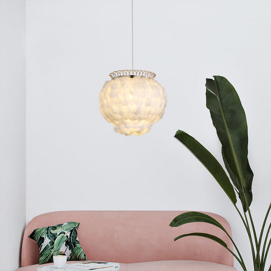 Minimalist Feather Globe Hanging Ceiling Lantern - White Bedroom Pendant Light