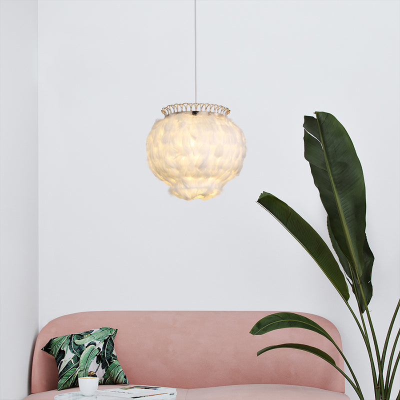 Minimalist Feather Globe Ceiling Lantern Pendant Light - White 3-Bulb Design For Bedroom