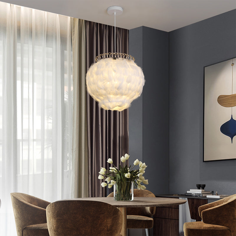 Minimalist Feather Globe Ceiling Lantern Pendant Light - White 3-Bulb Design For Bedroom