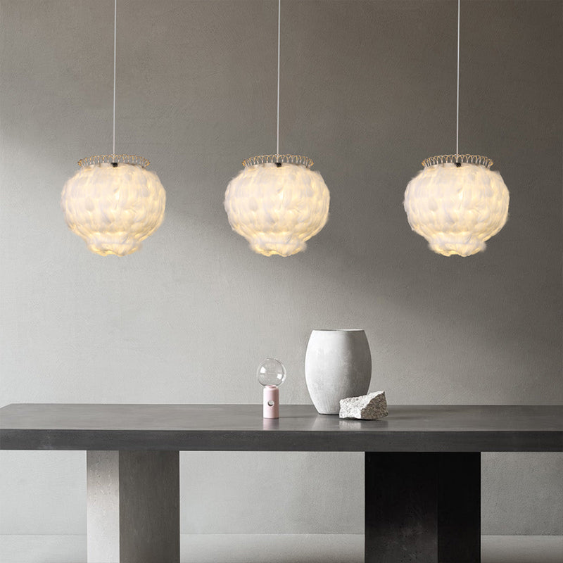 Minimalist Feather Globe Ceiling Lantern Pendant Light - White 3-Bulb Design For Bedroom