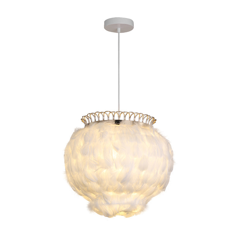 Minimalist Feather Globe Ceiling Lantern Pendant Light - White 3-Bulb Design For Bedroom