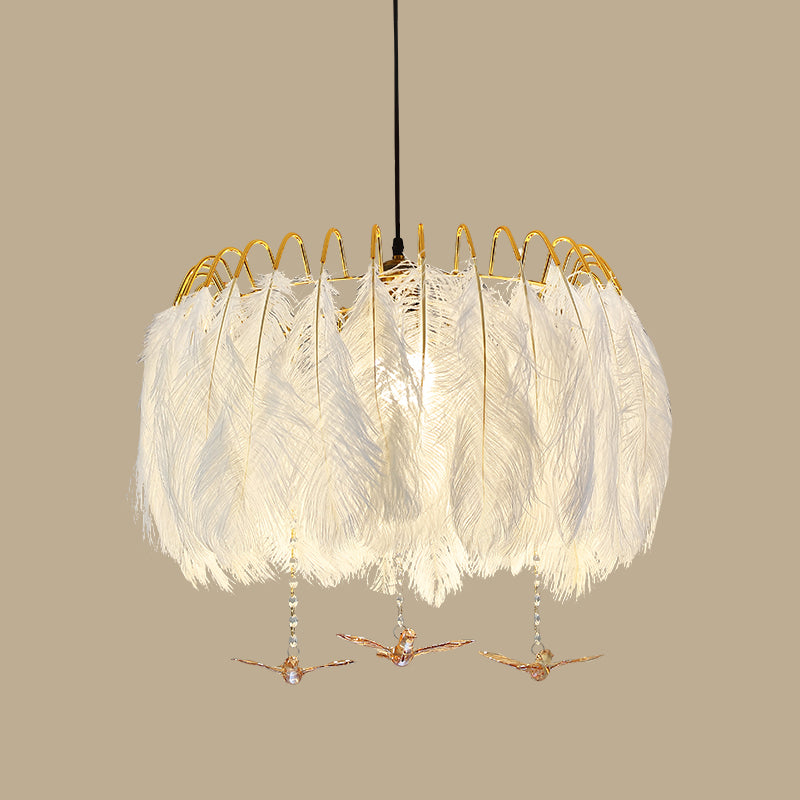 Feather Hanging Lamp: White Chandelier Light For Living Room / 27.5 With Crystal
