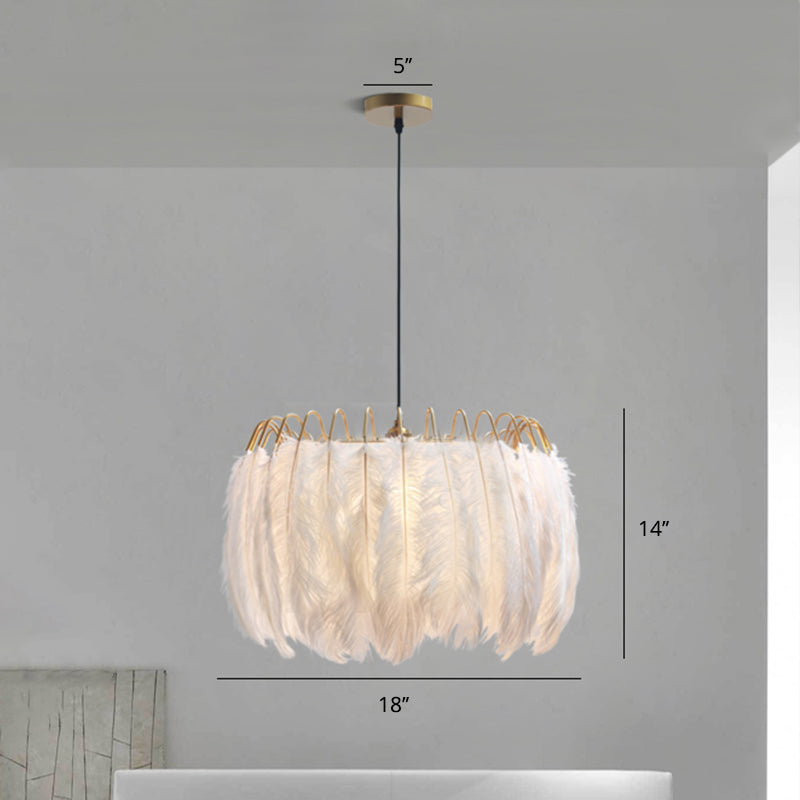 Feather White Bedroom Chandelier: Round Postmodern Hanging Lamp