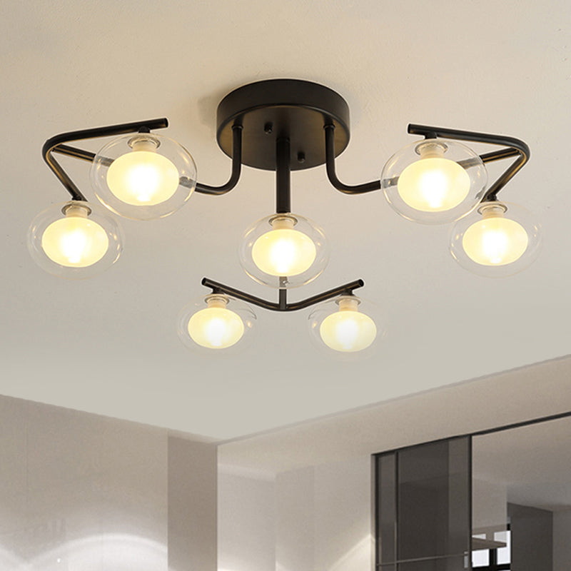Modern Clear Glass Global Semi Flush Mount with Multiple Rod Design - 7/9 Lights LED Black Lamp Fixture