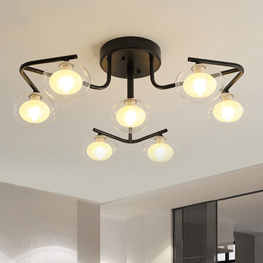 Modern Clear Glass Global Semi Flush Mount with Multiple Rod Design - 7/9 Lights LED Black Lamp Fixture