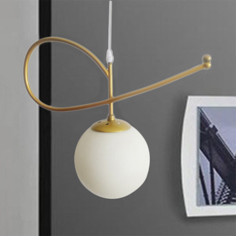 Gold Finished Bedroom Pendant Light With Contemporary Globe Shade In White Glass