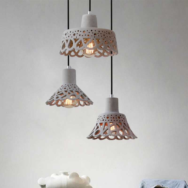 Nordic Style Etched Pendant Lighting: Concrete 1-Light Grey/White/Yellow with Geometric/Bell/Flared Shade
