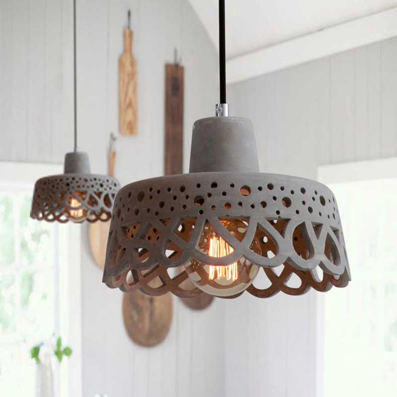 Nordic Style Etched Pendant Lighting: Concrete 1-Light Grey/White/Yellow with Geometric/Bell/Flared Shade
