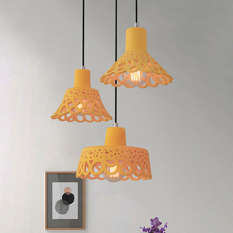 Nordic Style Etched Pendant Lighting: Concrete 1-Light Grey/White/Yellow with Geometric/Bell/Flared Shade