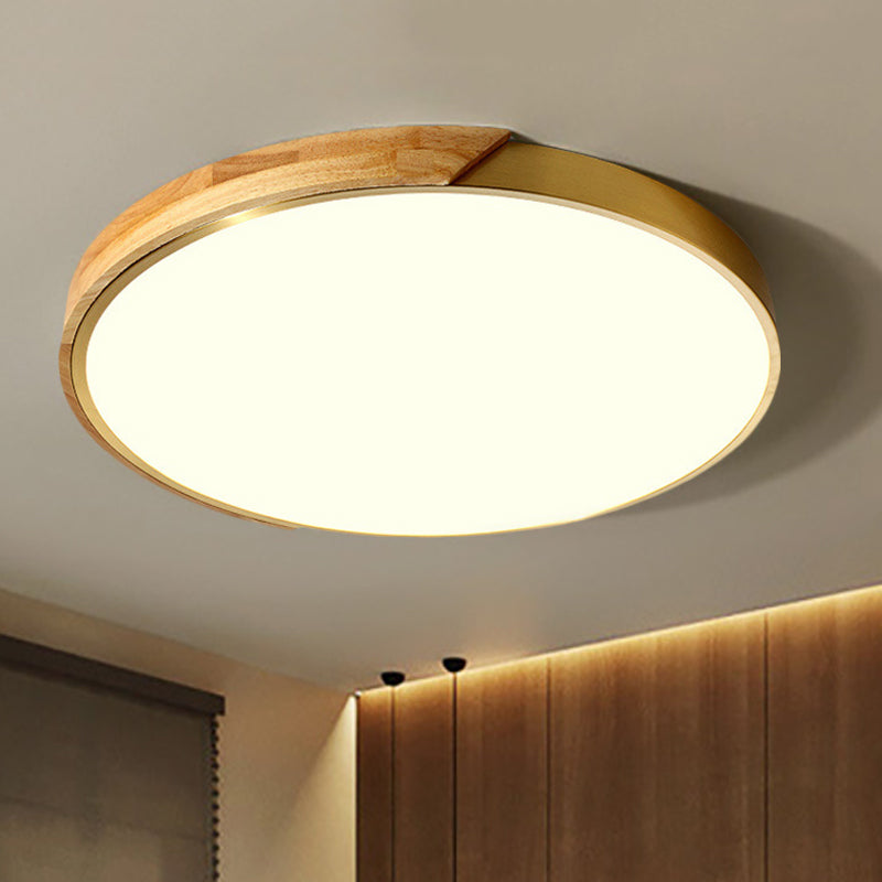 Sleek Drum Ceiling Light with LED Wood Flush Mount, White/Warm Light, 12"/16" Width