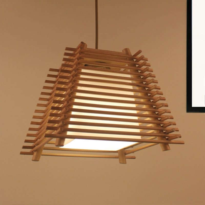 Japanese Wood Trapezoid Suspension Pendant With 1-Light White Glass Shade For Bedroom