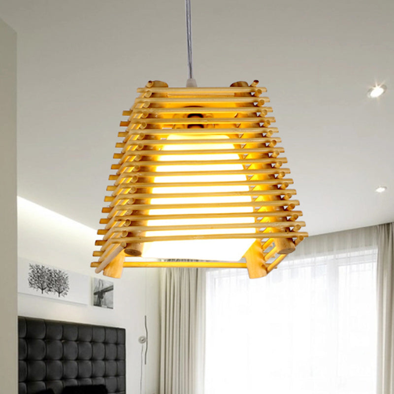 Suspension trapézoïdale japonaise en bois avec abat-jour en verre blanc - Luminaire suspendu en bois à 1 lampe pour chambre à coucher
