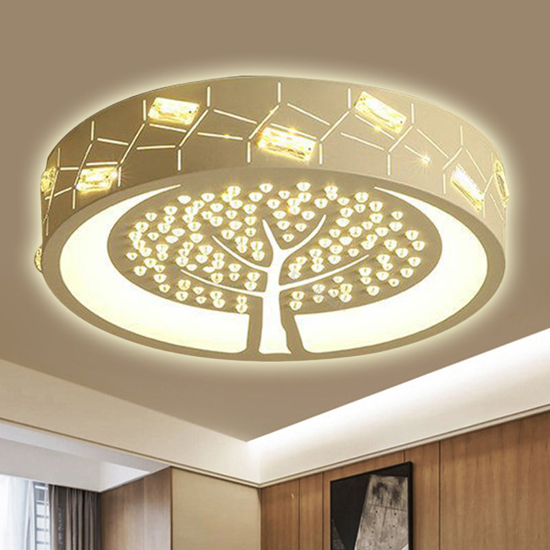 Contemporary Metal LED Flush Mount Light with Tree Pattern, Crystal Bead, White/Warm Lighting