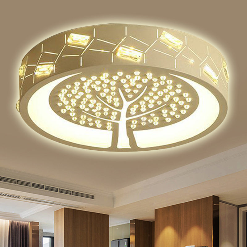 Contemporary Metal LED Flush Mount Light with Tree Pattern, Crystal Bead, White/Warm Lighting