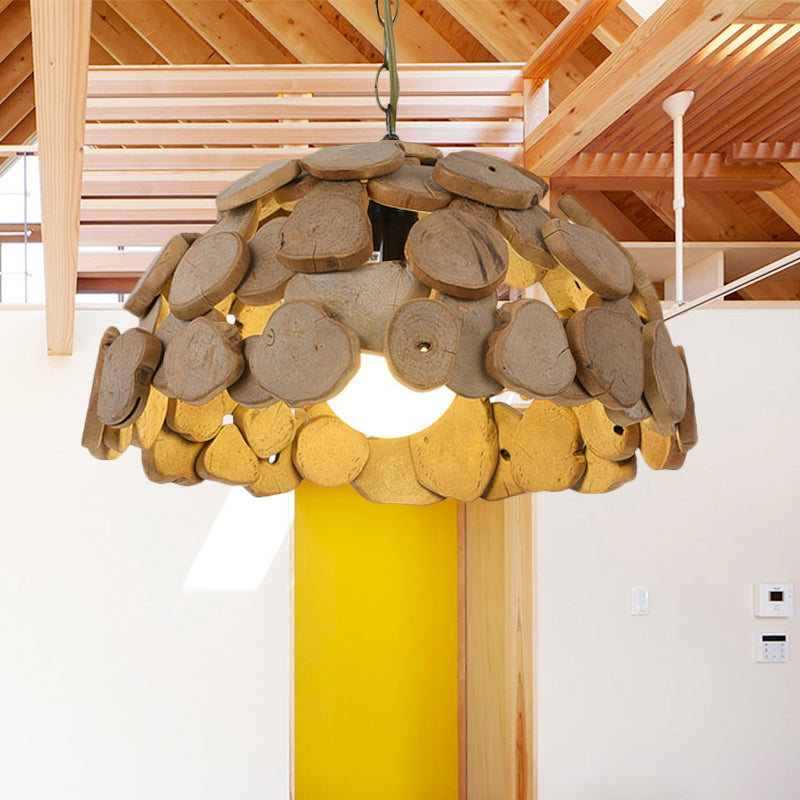 Vintage Wooden Dome Pendant Light With Adjustable Chain - Natural Wood Single-Light Hanging Lamp