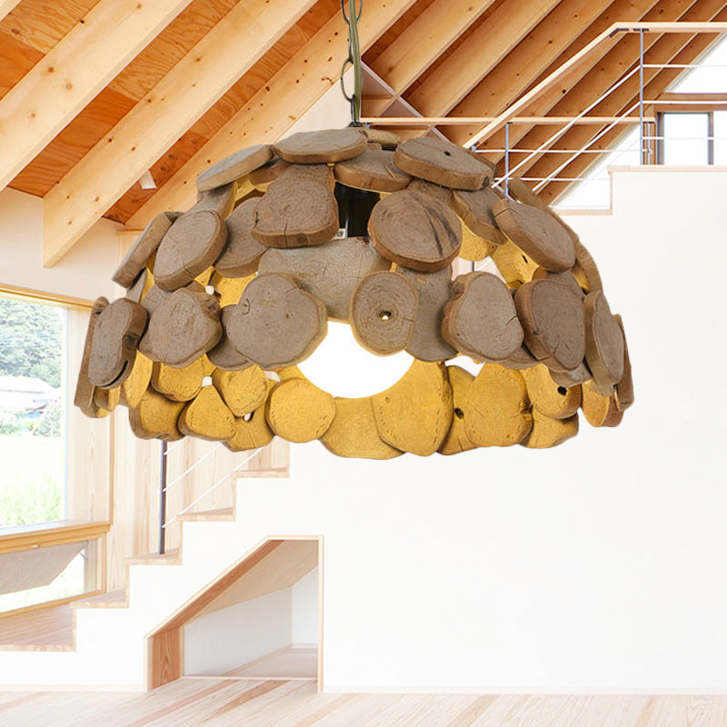 Vintage Wooden Dome Shade Pendant Light with Adjustable Chain, Natural Wood Finish
