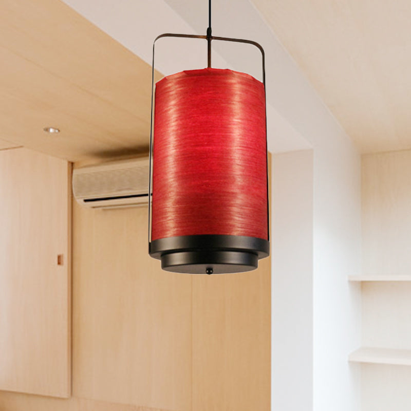 Modern 1-Light Cylindrical Pendant Lamp In White/Red/Green Fabric For Dining Room