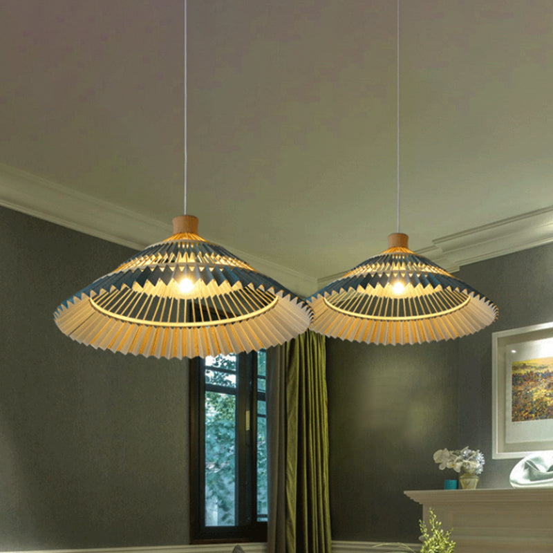 South-East Asian Style Bamboo Pendant Lamp Blue Conical Shade 1 Head 16/19.5 Width