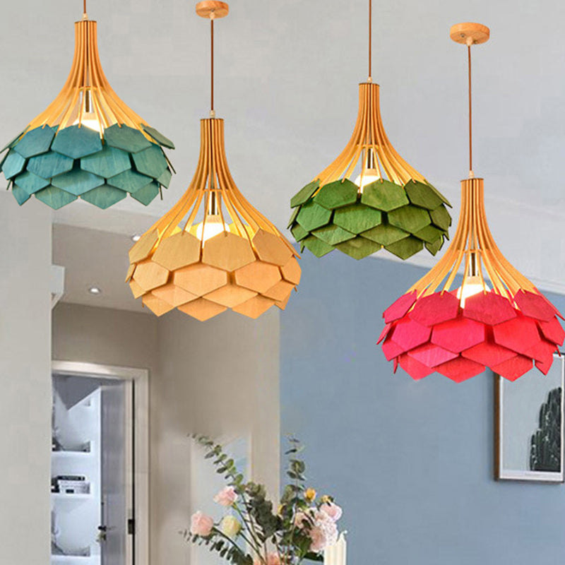 Modern Pine Cone Hanging Light Fixture - Wood Pendant Lamp For Dining Room With Red/Blue 1 Bulb