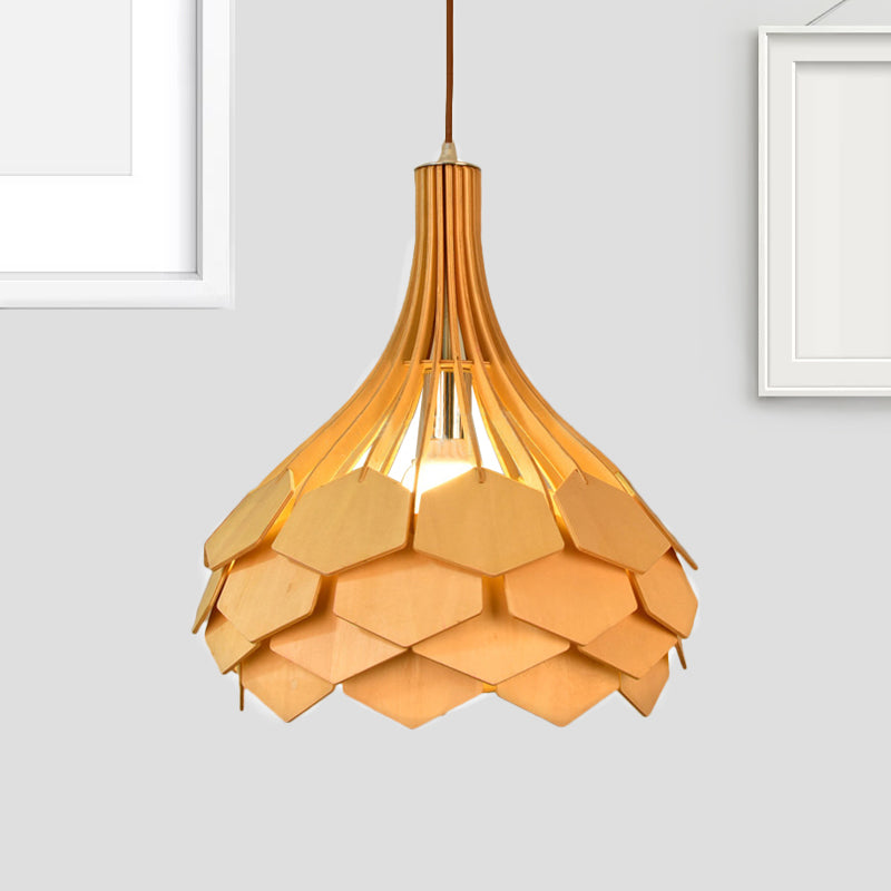 Modern Pine Cone Hanging Light Fixture - Wood Pendant Lamp For Dining Room With Red/Blue 1 Bulb