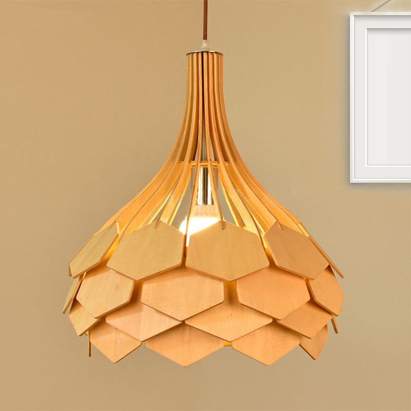 Modern Pine Cone Hanging Light Fixture - Wood Pendant Lamp For Dining Room With Red/Blue 1 Bulb