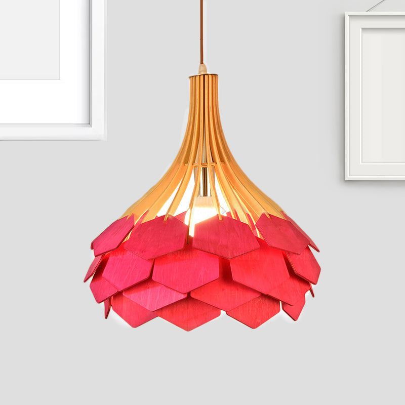 Modern Pine Cone Hanging Light Fixture - Wood Pendant Lamp For Dining Room With Red/Blue 1 Bulb