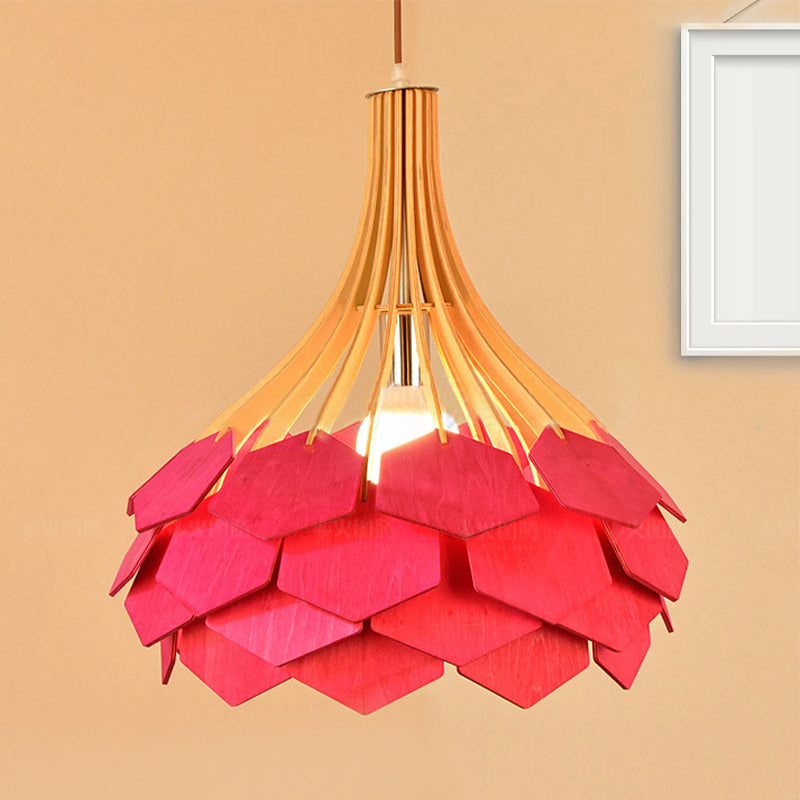 Modern Pine Cone Hanging Light Fixture - Wood Pendant Lamp For Dining Room With Red/Blue 1 Bulb