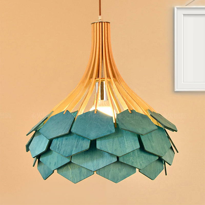 Modern Wood Pine Cone Pendant Lamp - Red/Blue 1-Bulb Hanging Light Fixture for Dining Room